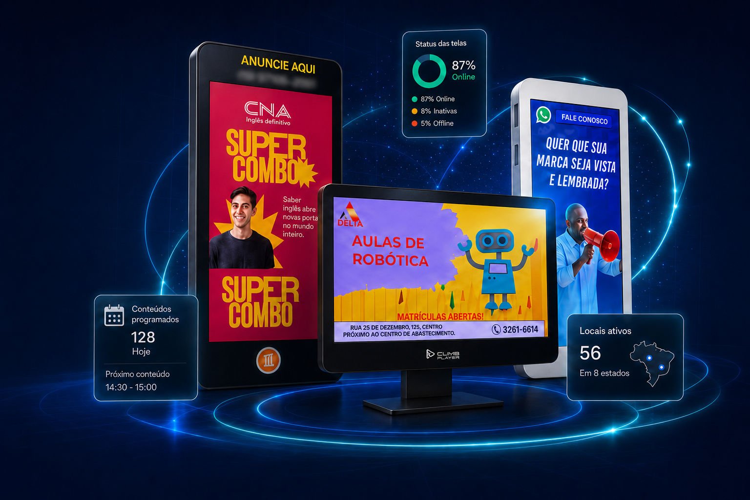 Telas gerenciadas pelo Climb Player com indicadores de funcionamento