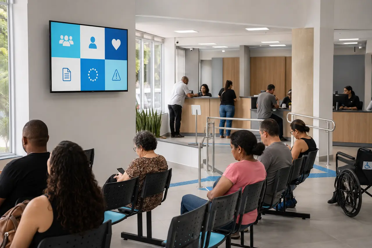 Tela informativa em uma área de atendimento público