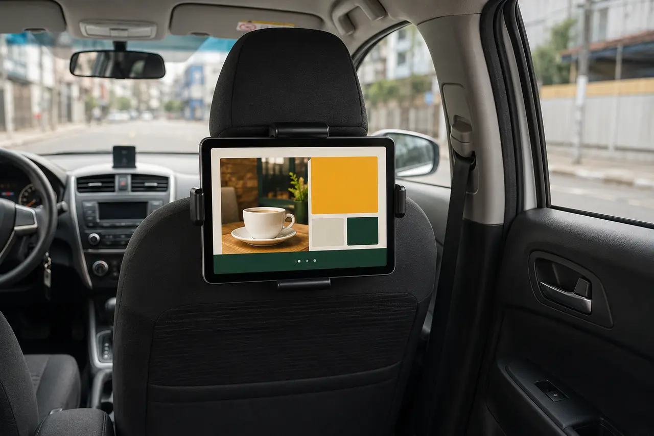Tablet instalado no interior de um carro de aplicativo